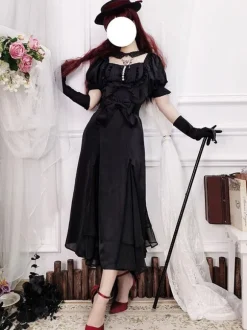Ruffles Lace Up Lolita OP Dress Burgundy Short Sleeves Lolita One Piece Dresses