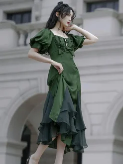 Ruffles Lace Up Lolita OP Dress Burgundy Short Sleeves Lolita One Piece Dresses