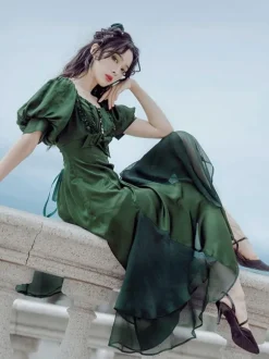 Ruffles Lace Up Lolita OP Dress Burgundy Short Sleeves Lolita One Piece Dresses