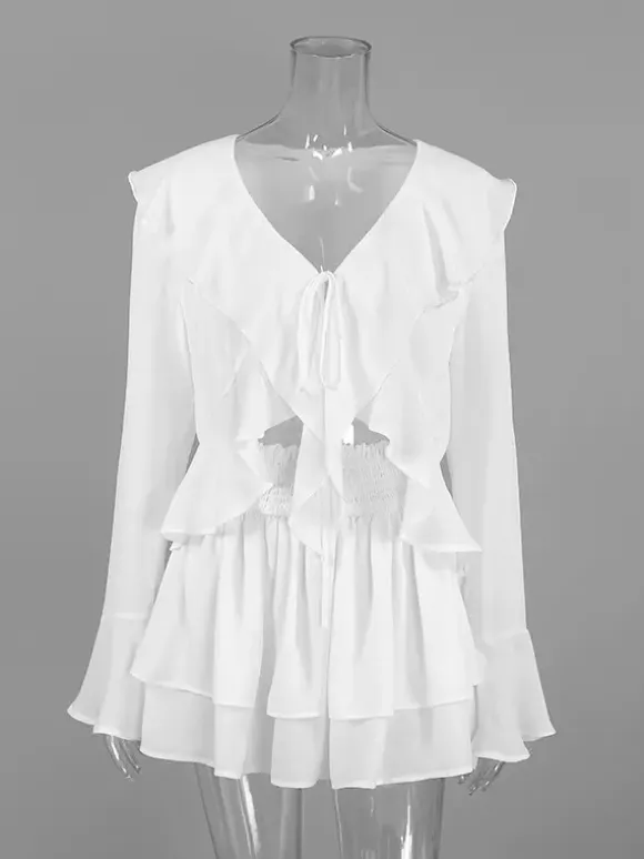 Ruffle Trim V-Neck Flare Sleeve Tops And Smocked Waist Mini Skirt Two Piece Set 2026