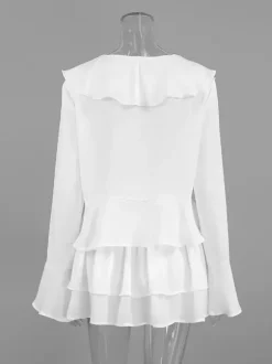 Ruffle Trim V-Neck Flare Sleeve Tops And Smocked Waist Mini Skirt Two Piece Set 2026
