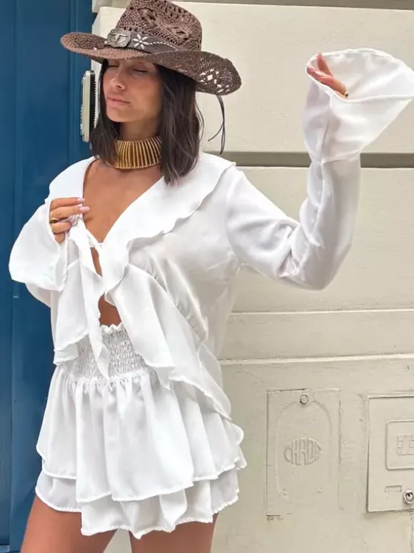 Ruffle Trim V-Neck Flare Sleeve Tops And Smocked Waist Mini Skirt Two Piece Set 2026