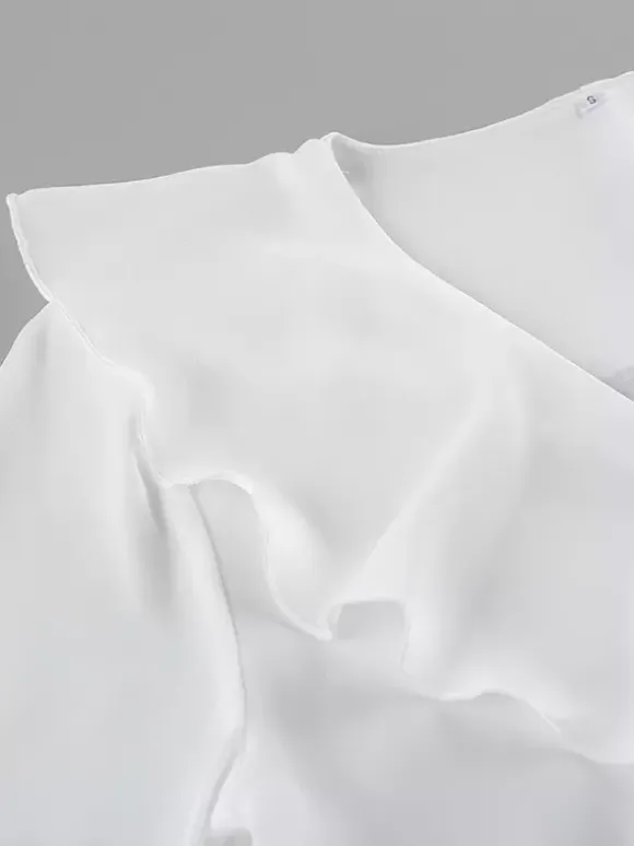 Ruffle Trim V-Neck Flare Sleeve Tops And Smocked Waist Mini Skirt Two Piece Set 2026