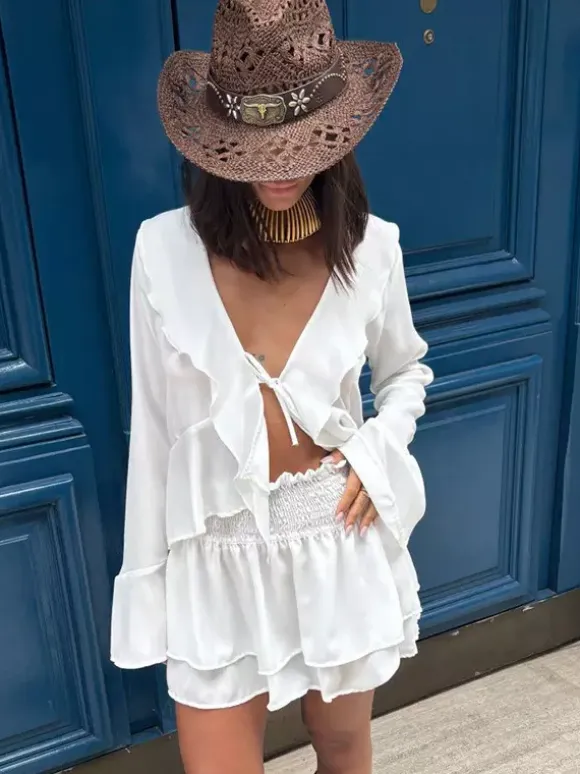 Ruffle Trim V-Neck Flare Sleeve Tops And Smocked Waist Mini Skirt Two Piece Set 2026