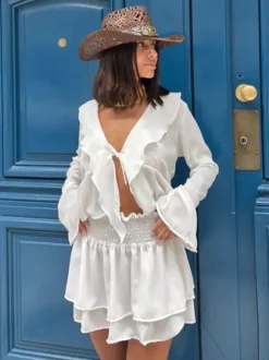 Ruffle Trim V-Neck Flare Sleeve Tops And Smocked Waist Mini Skirt Two Piece Set 2026