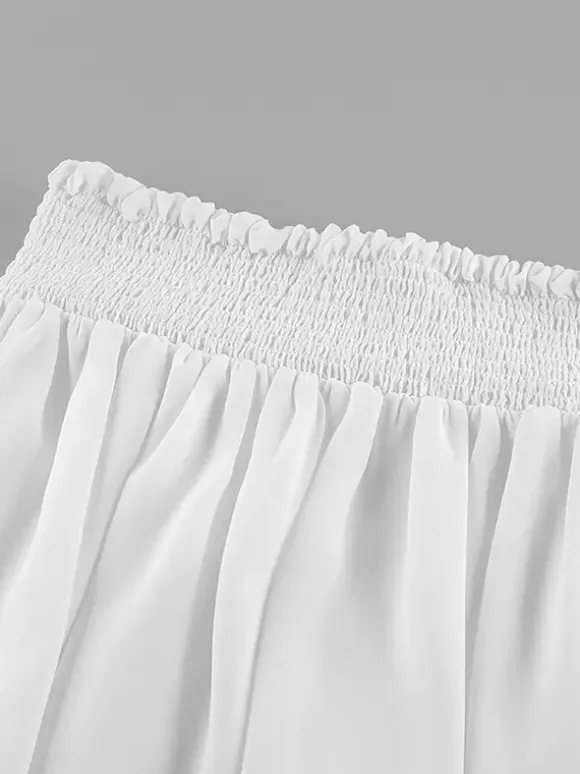 Ruffle Trim V-Neck Flare Sleeve Tops And Smocked Waist Mini Skirt Two Piece Set 2026