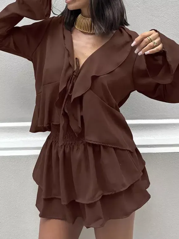 Ruffle Trim V-Neck Flare Sleeve Tops And Smocked Waist Mini Skirt Two Piece Set 2026