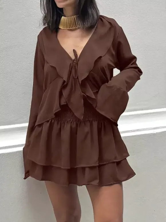 Ruffle Trim V-Neck Flare Sleeve Tops And Smocked Waist Mini Skirt Two Piece Set 2026