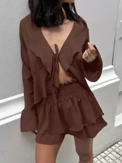 Ruffle Trim V-Neck Flare Sleeve Tops And Smocked Waist Mini Skirt Two Piece Set 2026
