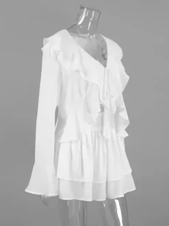 Ruffle Trim V-Neck Flare Sleeve Tops And Smocked Waist Mini Skirt Two Piece Set 2026
