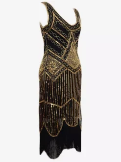 1920s Black Gold Sequined Flapper Dress Great Gatsby Costume