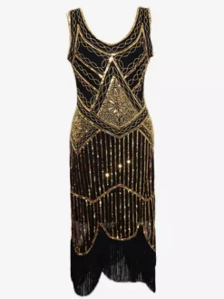 1920s Black Gold Sequined Flapper Dress Great Gatsby Costume