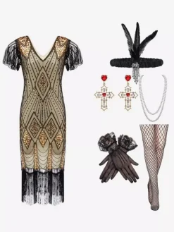 1920s Costume Gold Sequins Fringe Elegant Set Flapper Dress Sets Burgundy