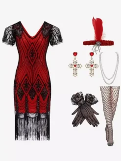 1920s Costume Gold Sequins Fringe Elegant Set Flapper Dress Sets Burgundy