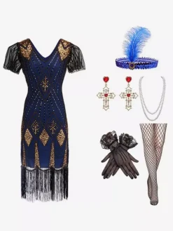 1920s Costume Gold Sequins Fringe Elegant Set Flapper Dress Sets Burgundy