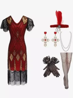 1920s Costume Gold Sequins Fringe Elegant Set Flapper Dress Sets Burgundy