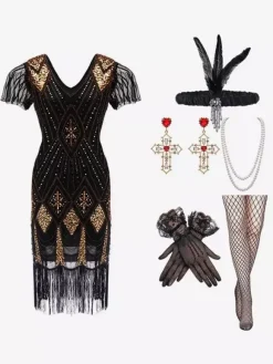 1920s Costume Gold Sequins Fringe Elegant Set Flapper Dress Sets Burgundy