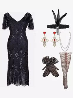 1920s Costume Gold Sequins Fringe Elegant Set Flapper Dress Sets Burgundy