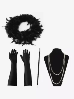 1920s Fashion Great Gatsby Accessories Flapper Women Feathers Pearls Necklace Tobacco Pipe Gloves Set