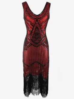 1920s Fashion Style Outfits Flapper Dress Green Fringe Sequins Great Gatsby V Neck Costume Retro 20s Party Dress Burgundy