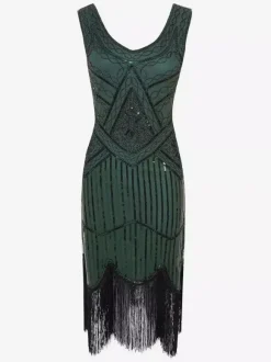 1920s Fashion Style Outfits Flapper Dress Green Fringe Sequins Great Gatsby V Neck Costume Retro 20s Party Dress Burgundy