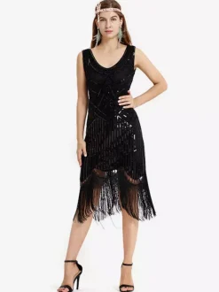 1920s Fashion Style Outfits Flapper Dress Green Fringe Sequins Great Gatsby V Neck Costume Retro 20s Party Dress Burgundy