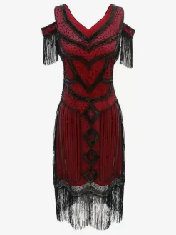 1920s Flapper Costume Retro Women's Short Sleeves Dress Elegant Sets Burgundy