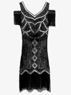 1920s Flapper Costume Retro Women's Short Sleeves Dress Elegant Sets Burgundy