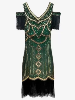 1920s Flapper Costume Retro Women's Short Sleeves Dress Elegant Sets Burgundy