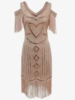 1920s Flapper Costume Retro Women's Short Sleeves Dress Elegant Sets Burgundy