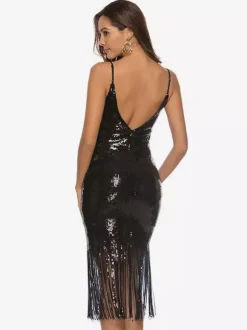 1920s Flapper Dress Women's Fringe V Neck Glitter Champagne Tassels 20s Party Dress Retro Dress
