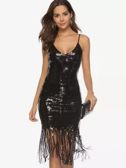 1920s Flapper Dress Women's Fringe V Neck Glitter Champagne Tassels 20s Party Dress Retro Dress
