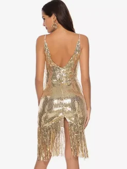 1920s Flapper Dress Women's Fringe V Neck Glitter Champagne Tassels 20s Party Dress Retro Dress
