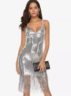 1920s Flapper Dress Women's Fringe V Neck Glitter Champagne Tassels 20s Party Dress Retro Dress