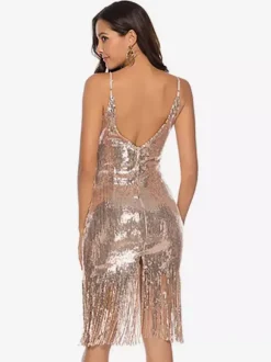 1920s Flapper Dress Women's Fringe V Neck Glitter Champagne Tassels 20s Party Dress Retro Dress