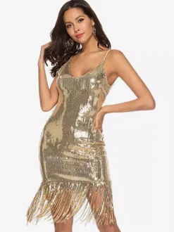 1920s Flapper Dress Women's Fringe V Neck Glitter Champagne Tassels 20s Party Dress Retro Dress