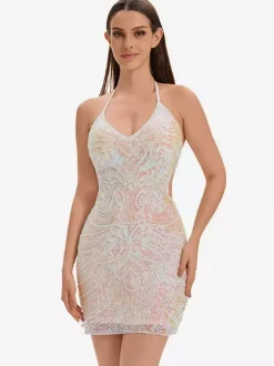1970s Latin Dance Dresses White Fringe Sequins Backless Set Sexy Dress