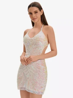 1970s Latin Dance Dresses White Fringe Sequins Backless Set Sexy Dress