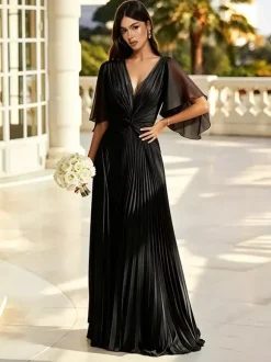 Sage Green Bridesmaid Dress Pleated Chiffon Bridesmaid Dress V Neck Flutter Sleeve Twist Front Low Back Floor Length Wedding Guest Gown