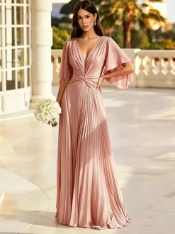 Sage Green Bridesmaid Dress Pleated Chiffon Bridesmaid Dress V Neck Flutter Sleeve Twist Front Low Back Floor Length Wedding Guest Gown