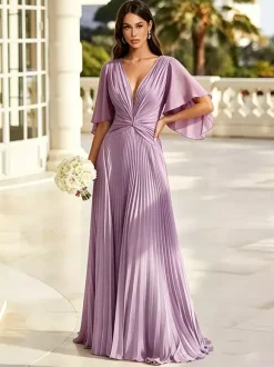 Sage Green Bridesmaid Dress Pleated Chiffon Bridesmaid Dress V Neck Flutter Sleeve Twist Front Low Back Floor Length Wedding Guest Gown