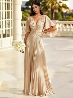 Sage Green Bridesmaid Dress Pleated Chiffon Bridesmaid Dress V Neck Flutter Sleeve Twist Front Low Back Floor Length Wedding Guest Gown