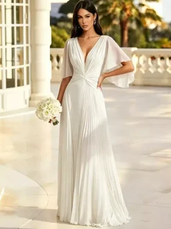 Sage Green Bridesmaid Dress Pleated Chiffon Bridesmaid Dress V Neck Flutter Sleeve Twist Front Low Back Floor Length Wedding Guest Gown