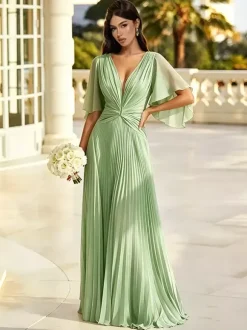 Sage Green Bridesmaid Dress Pleated Chiffon Bridesmaid Dress V Neck Flutter Sleeve Twist Front Low Back Floor Length Wedding Guest Gown