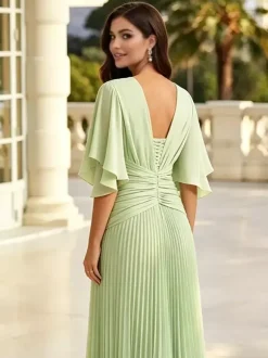 Sage Green Bridesmaid Dress Pleated Chiffon Bridesmaid Dress V Neck Flutter Sleeve Twist Front Low Back Floor Length Wedding Guest Gown