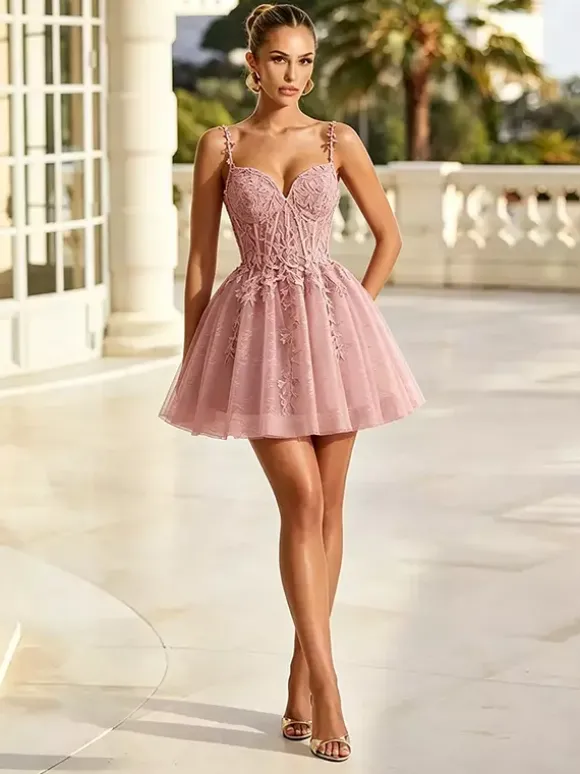 Sage Green Homecoming Dress Lace Applique Tulle Midi Prom Dress Spaghetti Strap Sweetheart A Line Short Dusty Blue Formal Evening Gown