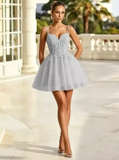 Sage Green Homecoming Dress Lace Applique Tulle Midi Prom Dress Spaghetti Strap Sweetheart A Line Short Dusty Blue Formal Evening Gown