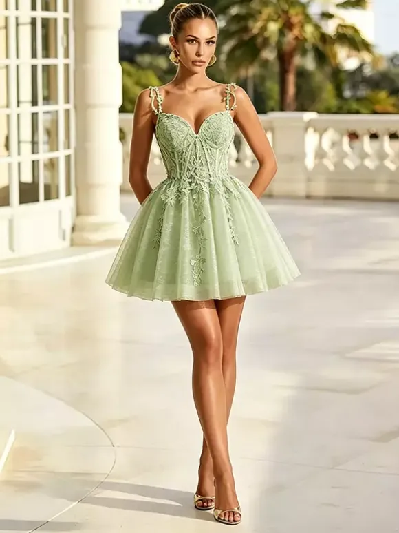Sage Green Homecoming Dress Lace Applique Tulle Midi Prom Dress Spaghetti Strap Sweetheart A Line Short Dusty Blue Formal Evening Gown
