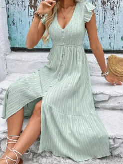 Sage Green Midi Sundress for Women - Flutter Sleeve Smocked Button Front Tiered A Line Dress - Summer Beach Vacation 2026