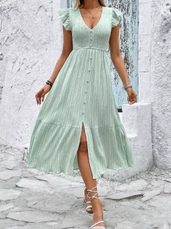 Sage Green Midi Sundress for Women - Flutter Sleeve Smocked Button Front Tiered A Line Dress - Summer Beach Vacation 2026